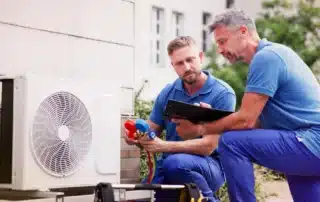 A sleek, modern heat pump unit quietly installed outside a comfortable Connecticut home.